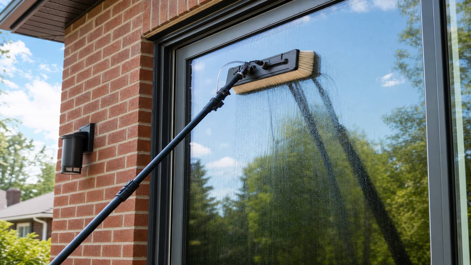 Lavage de vitres à l'eau pure WaterFed sur une maison de brique, Rive-Sud